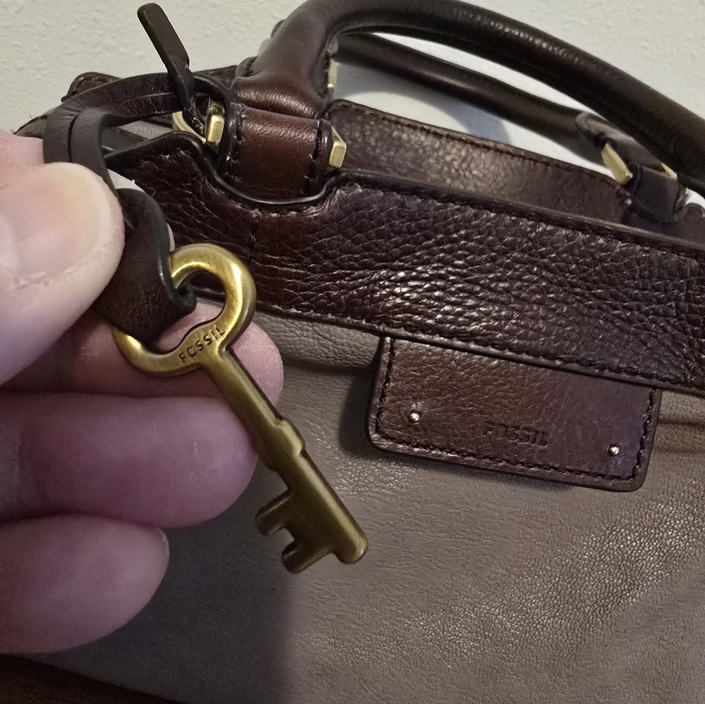 Fossil Dark Brown and Tan Leather Bag with Key Charm